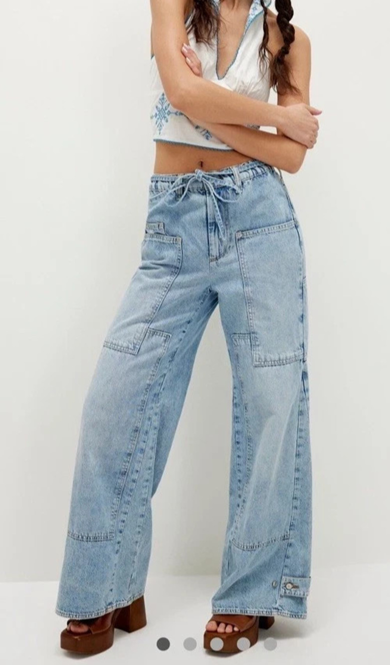FREE PEOPLE CRVY Outlaw Mid Rise Wide-Leg Jeans Drawstring Size S Short Drizzle